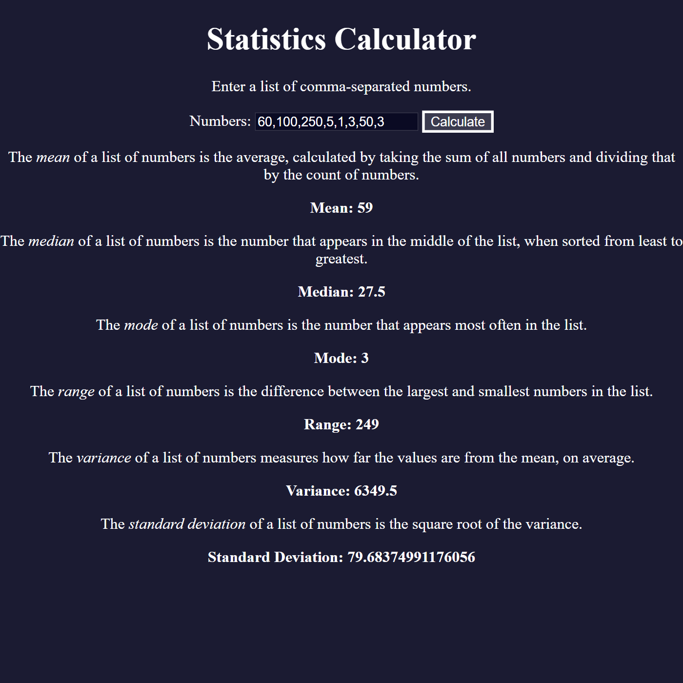Statistics Calculator Project Screenshot.